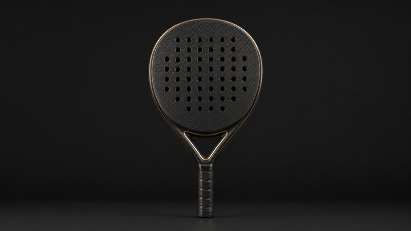 A beginner-friendly round padel racket resting on a court