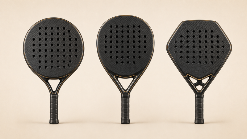 Three padel rackets side by side showing round, teardrop and diamond shapes