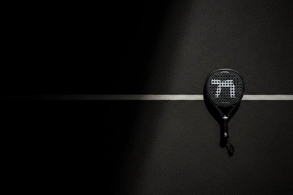 A black carbon-fiber-patterned padel racket resting on a dark textured court surface next to a white boundary line.