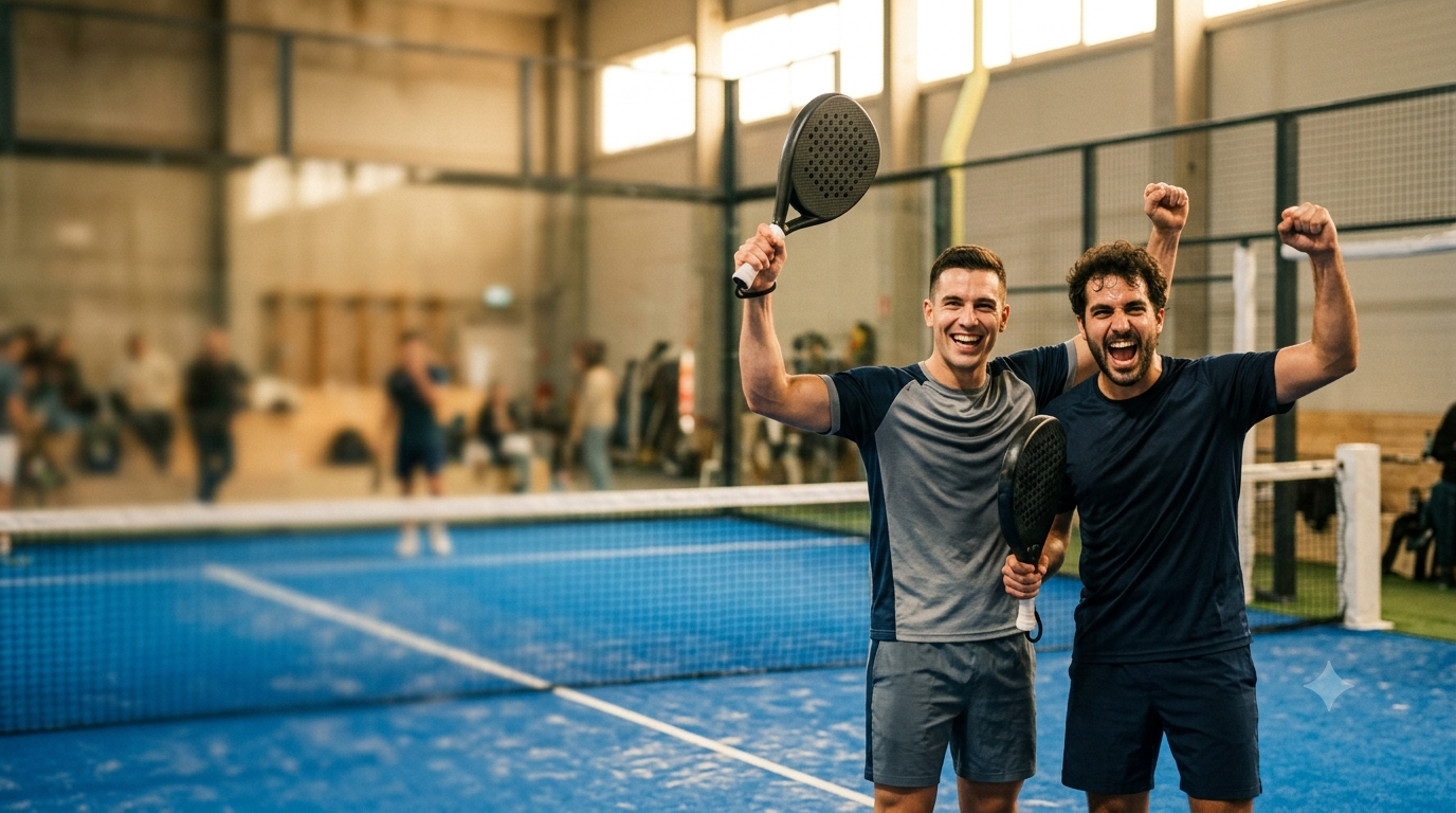 Two men celebrating on an indoor paddle court, holding up paddle rackets in victory poses. The background shows a blurred indoor sports hall with other players and spectators.