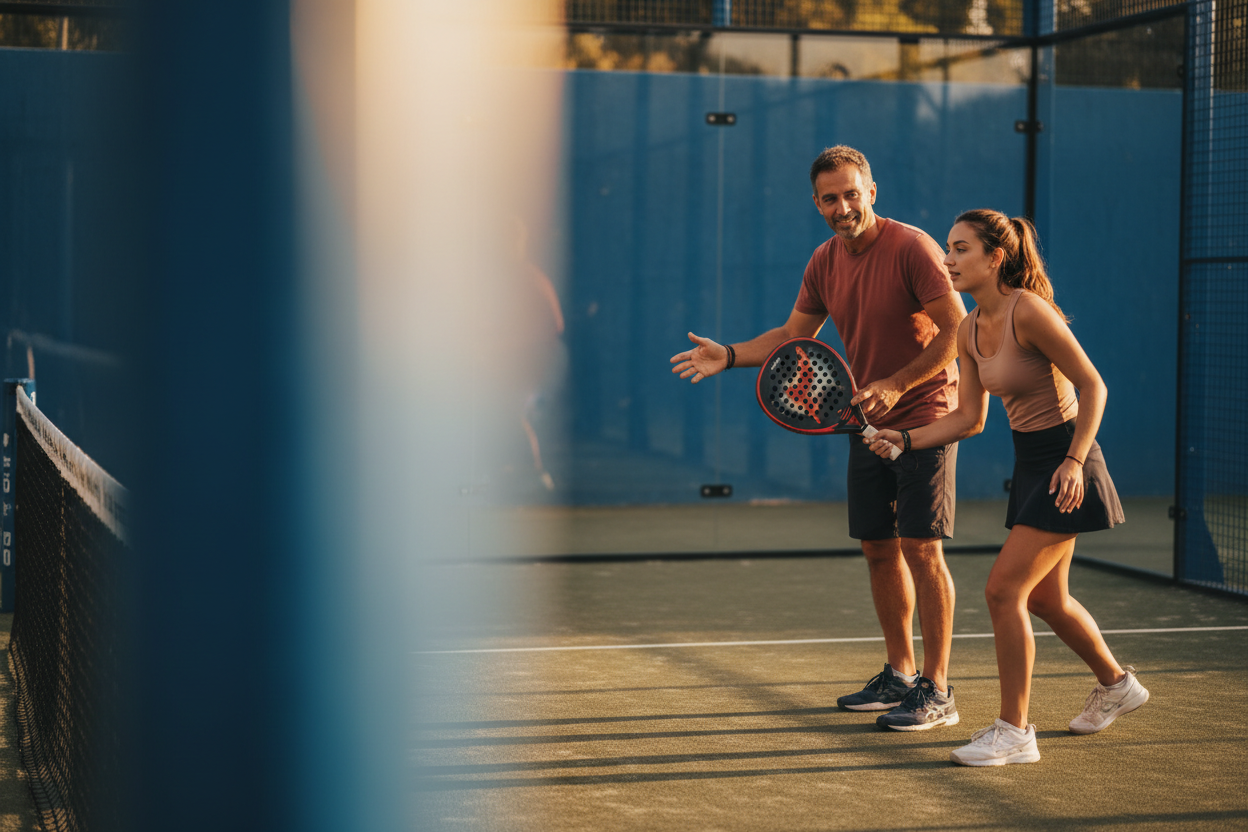 A man and a woman on a padel court, with the man holding a padel racket and gesturing as if explaining a point. The background shows a blue padel wall and court.