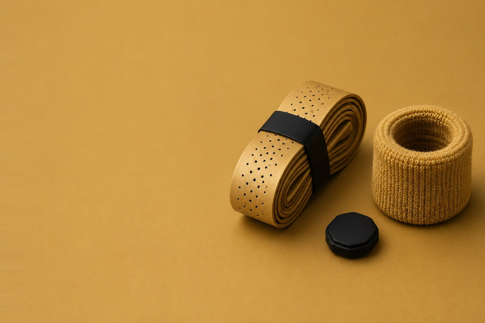 A pair of beige knit and perforated athletic compression sleeves with black caps, arranged on a solid mustard yellow background.