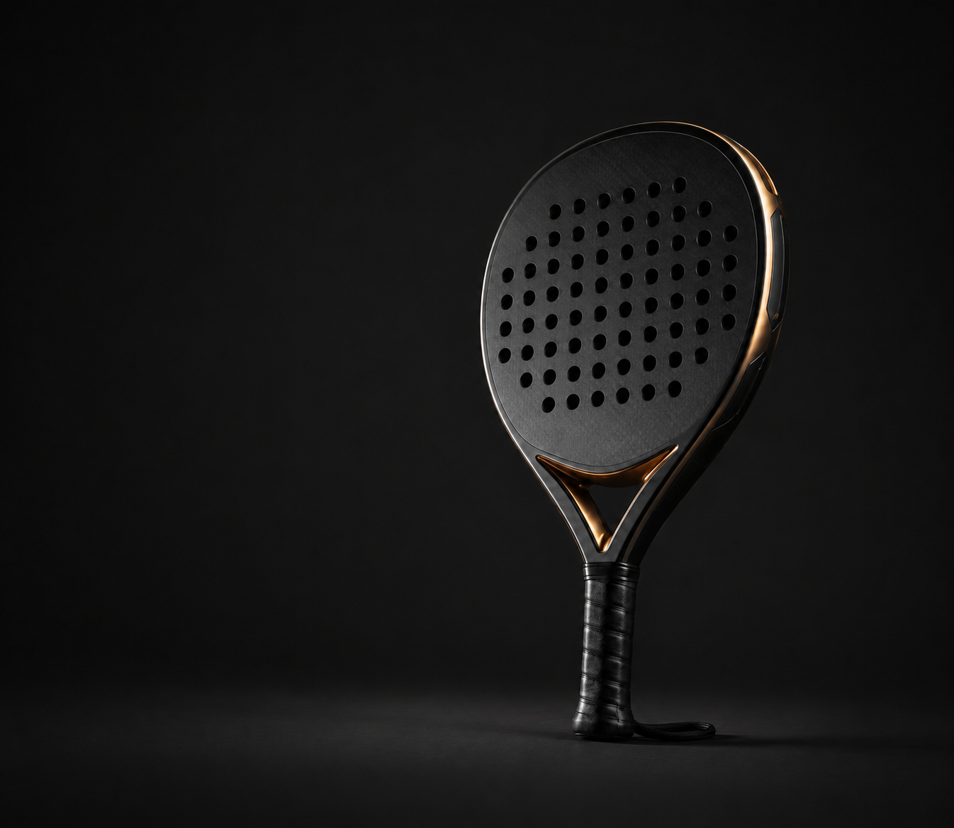 A black and gold padel racket standing upright against a dark, minimalist background.