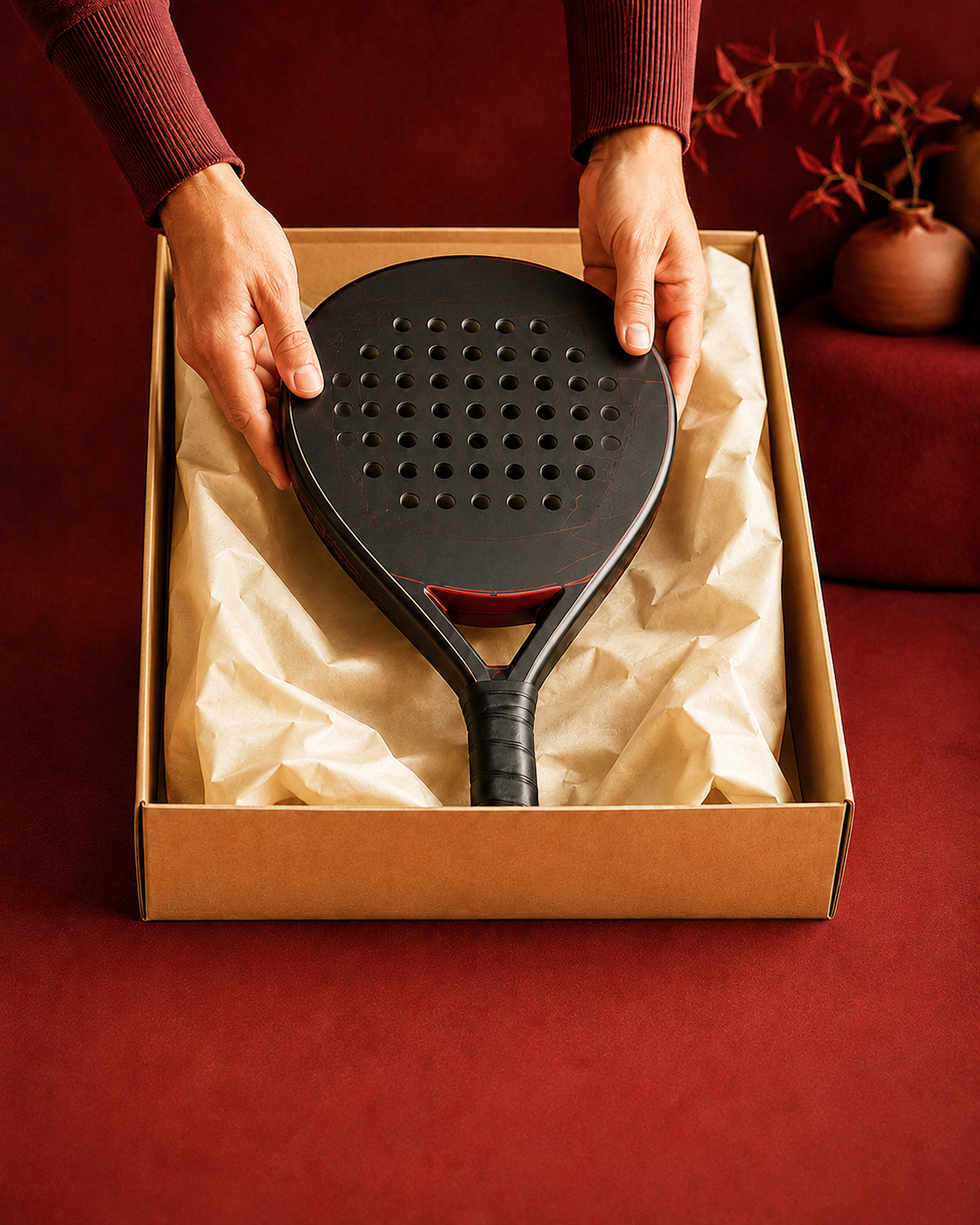 A black paddle-shaped object with a perforated surface is held by two hands over an open brown box lined with cream tissue paper, set against a deep red background.
